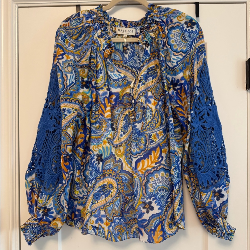 Hale Bob Blue & Gold Paisley Crochet-Sleeve Peasant Blouse